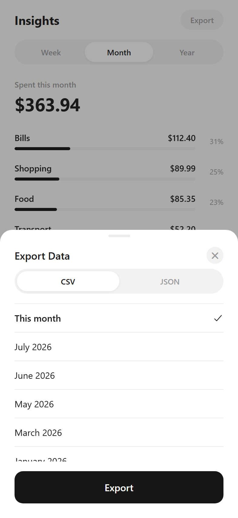 Exporting transactions from Outlay as a CSV or JSON file