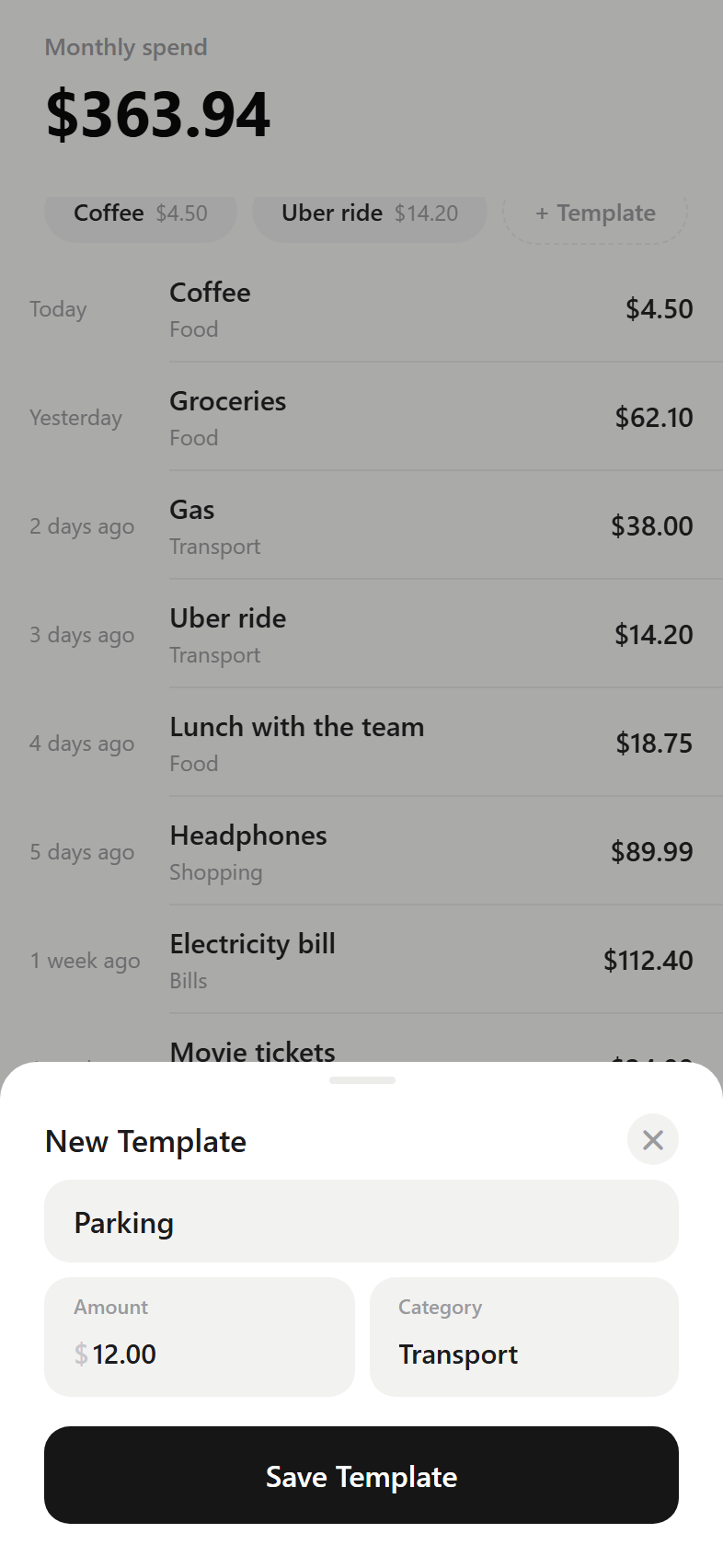 Saving a one-tap quick-add template in Outlay