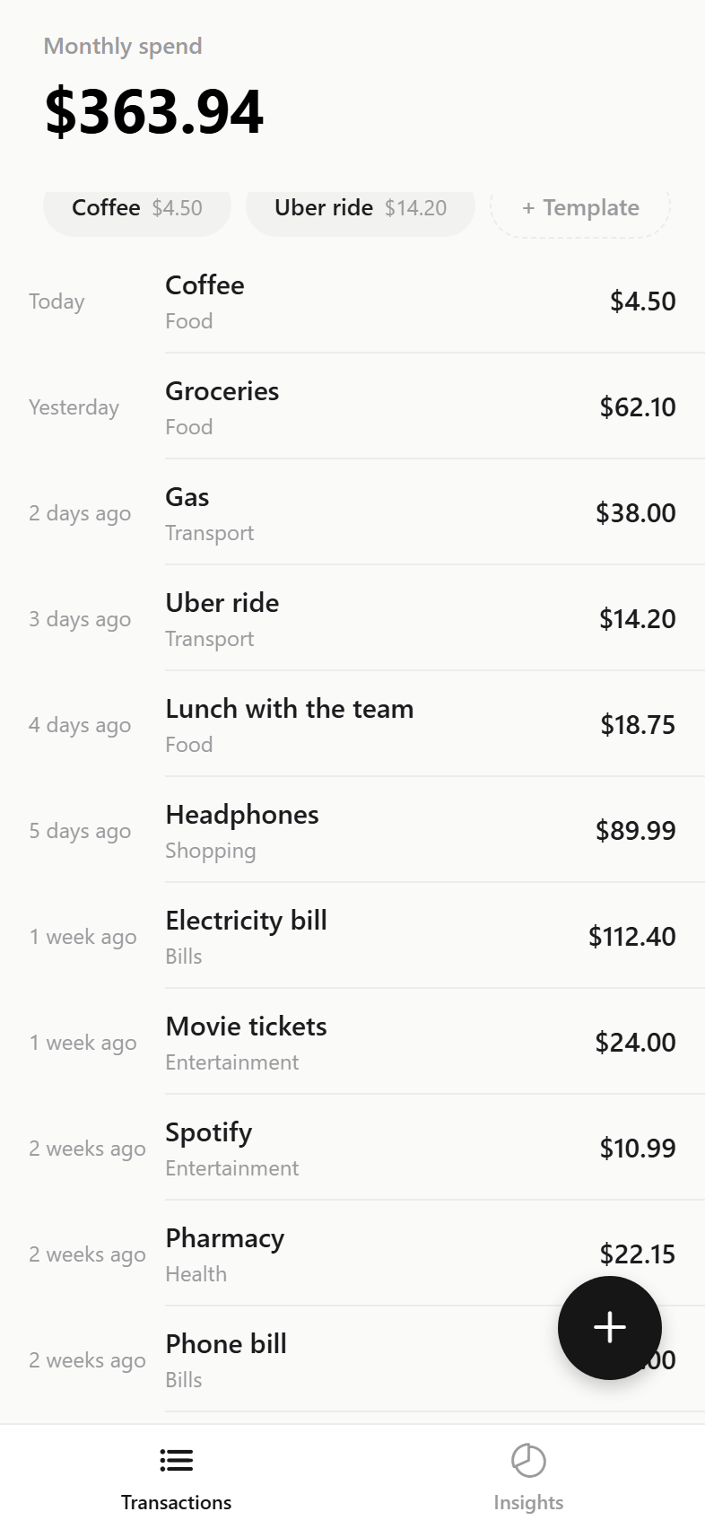 Outlay's transaction list, showing a monthly total and recent spending